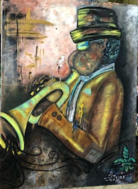 a painting of a man playing a trumpet