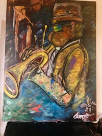 a painting of a man playing a trumpet