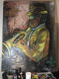 a painting of a man playing a trumpet
